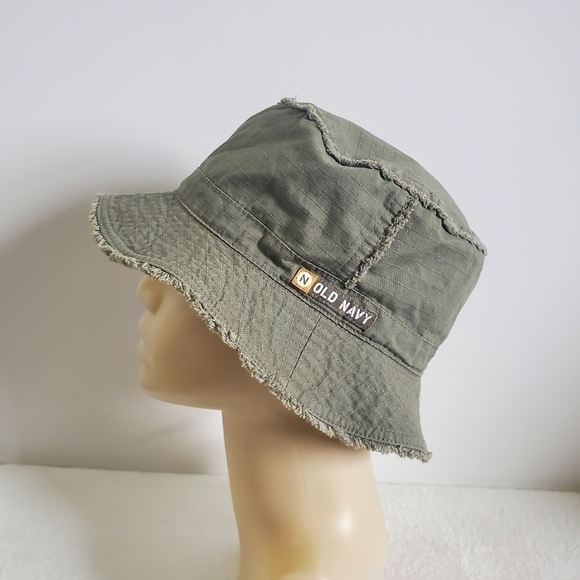 𝅺Y2K Vintage Old Navy Olive Green Frayed Brim Bucket Hat Size Medium Large - Picture 3 of 11